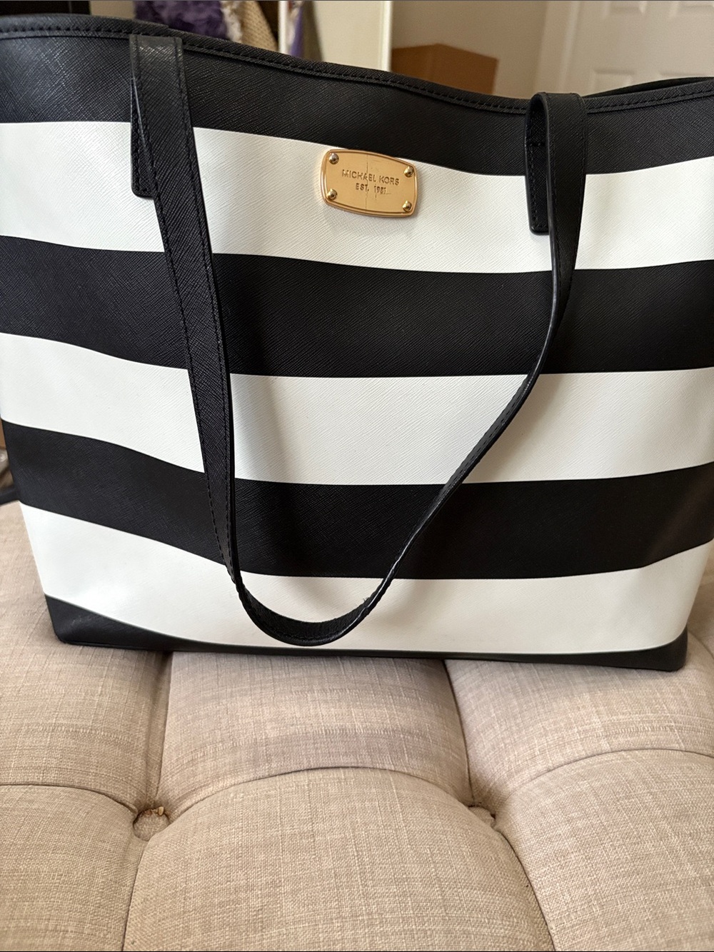 Michael Kors Black & White Striped Jet Set Travel Tote